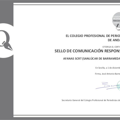 AFANAS SCRT es reconocida con el sello de Comunicación Responsable del Colegio Profesional de Periodistas de Andalucía